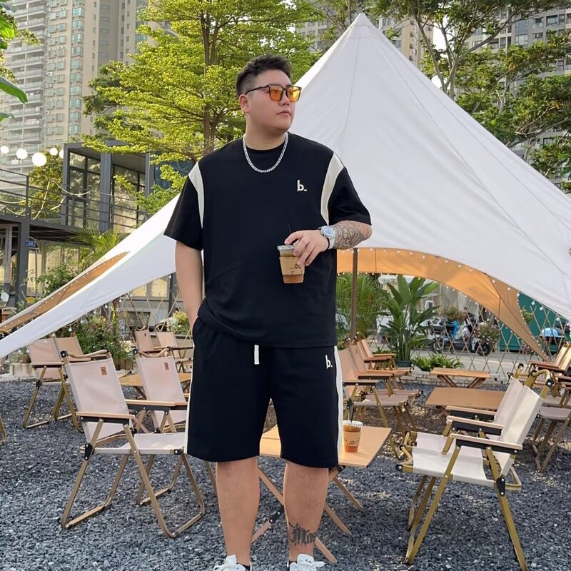 Plus Size Short-Sleeved T-Shirt Men's 2025 Summer Thin Style Plus Fat Casual Fat Men's Trendy Loose Shorts Suit