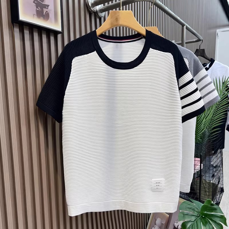 T-shirt de manga corta para hombres TB insertado rayas tricolores cuatro barras viejas líneas de hielo de verano fábrica transfronteriza al por mayor