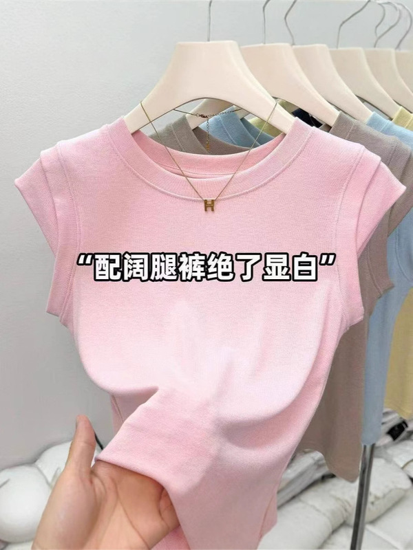 正肩夏季2025新款圆领无袖短袖T恤设计感小众修身飞飞袖短款上衣|undefined