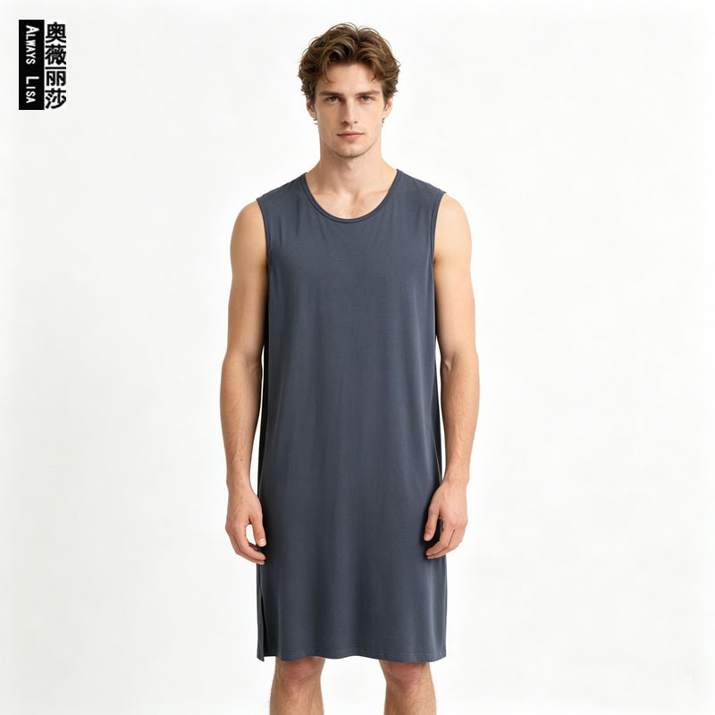 Cross-border plus-size European and American style modal pajama dress for men, summer lightweight robe dress, vest dress for middle-aged and elderly Cross-border plus-size European and American style modal pajama dress for men, summer lightweight robe dress, vest dress for middle-aged and elderly