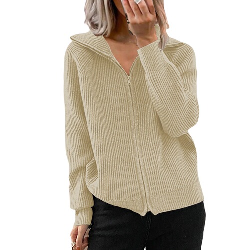 European and American Cross-Border Autumn/Winter New Arrival Striped Casual Jacket Loose Knitwear Zip-Up Cardigan Long-Sleeved Lapel Sweater for Women