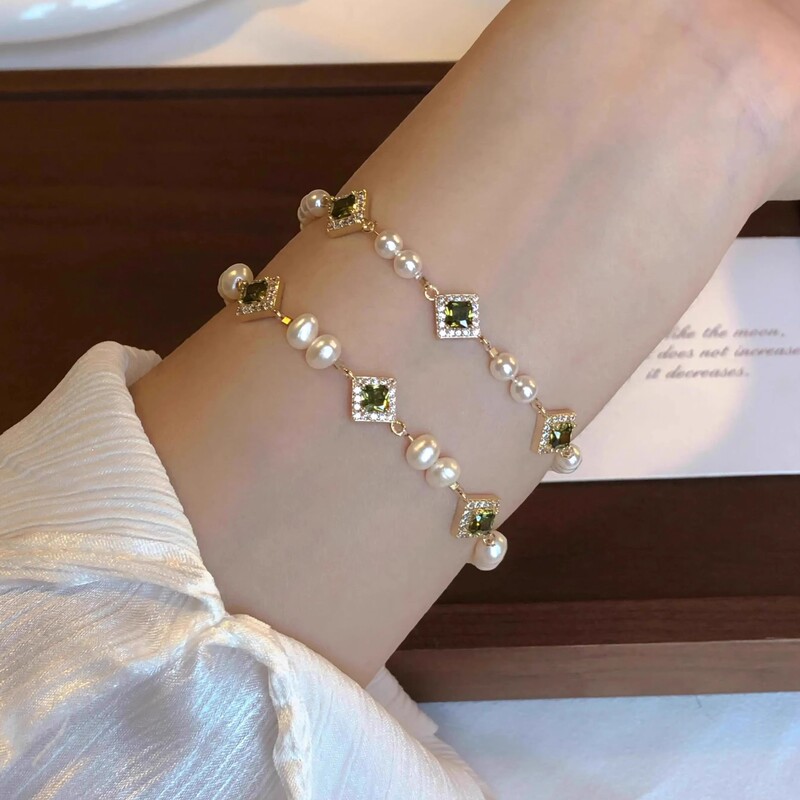 Natural Freshwater Pearl Full Diamond Emerald Round Shijia Pearl Bracelet for Women Exquisite High-End Versatile Elastic Cord