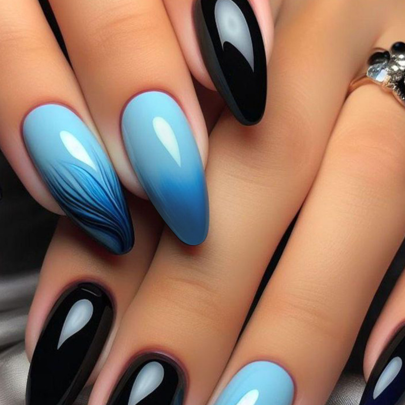 Cross-Border Almond-Shaped Black Gradient Light Blue Lines Smudged with Gradient Effect Removable Teardrop-Shaped Nail Pieces 24 Pieces