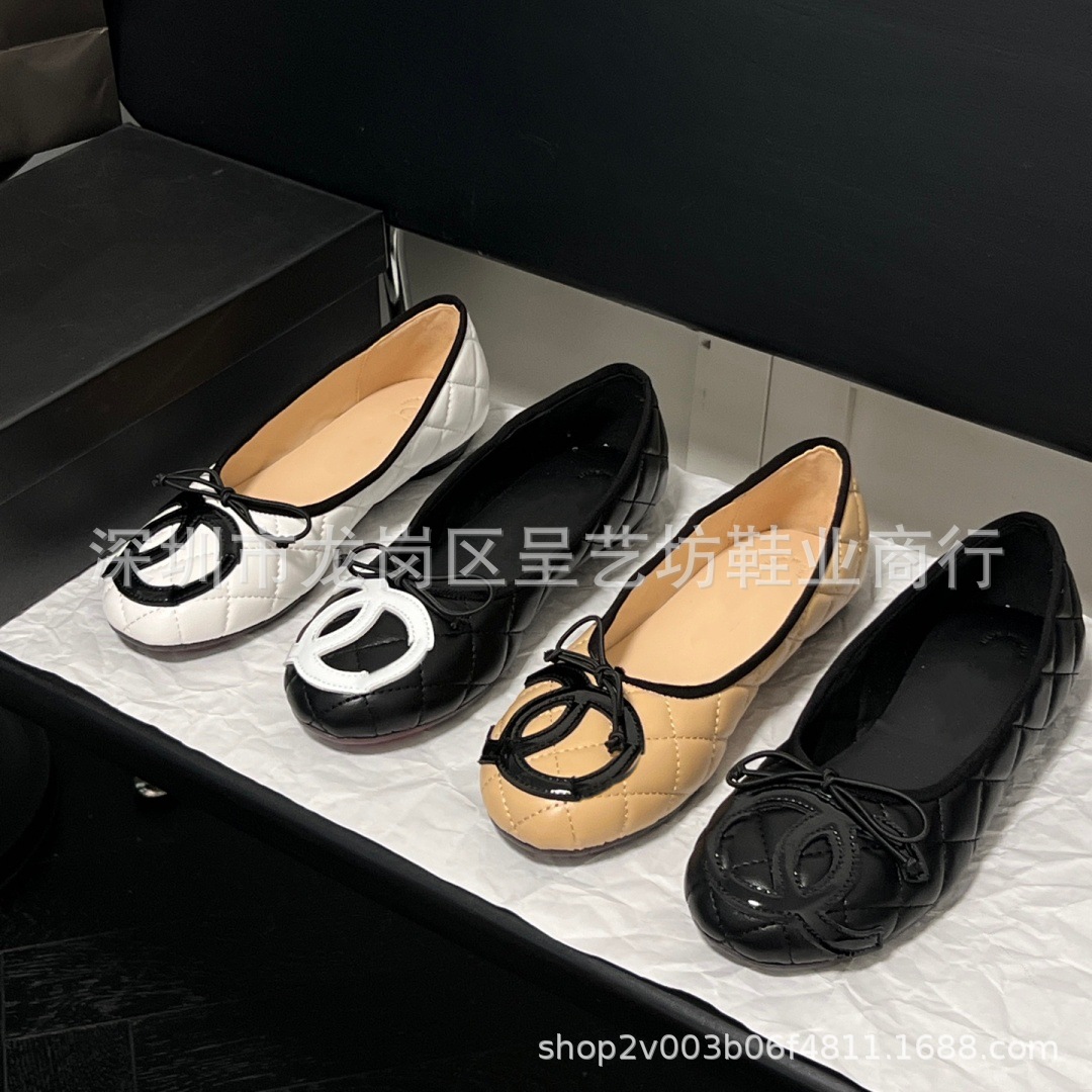 小香风菱格单2026新款蝴蝶结芭蕾舞鞋休闲平底鞋浅口一脚蹬奶奶鞋