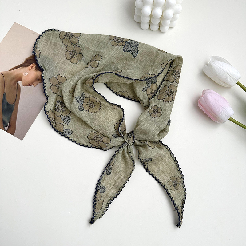 Pastoral viento de flores de encaje triángulo turbante de mujer de verano retrógrado francés de playa bufandas de seda protector solar correa de pelo