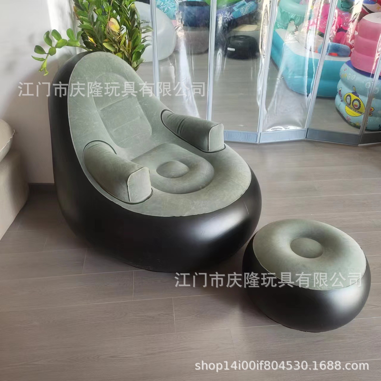 Nuevos productos de stock flocado sofá inflable acampado al aire libre una sola persona clásico gris sillón cama inflable de PVC portátil