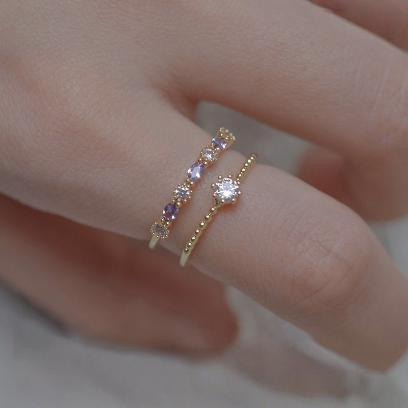 Violet Retro Simple Copper Inlaid Zircon Crystal Women's Fashion Hand Jewelry Light Luxury Set Ring Open Ring