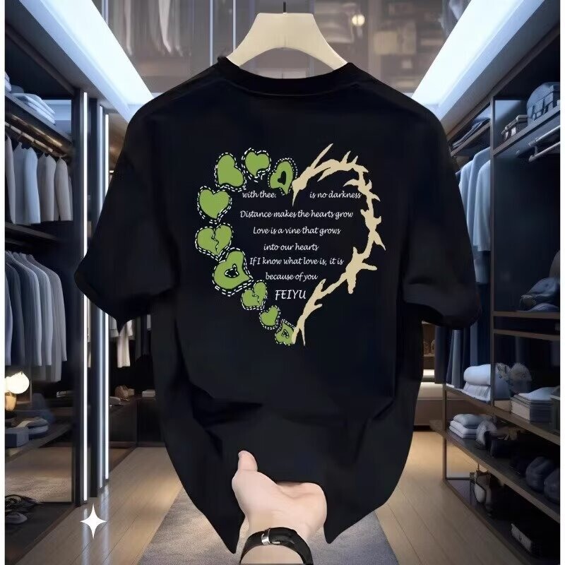 Summer Short-Sleeved T-Shirt Men's American Retro Heavyweight Heart-Shaped Top Design Niche Loose Half-Sleeved T-Shirt Summer Short-Sleeved T-Shirt Men's American Retro Heavyweight Heart-Shaped Top Design Niche Loose Half-Sleeved T-Shirt