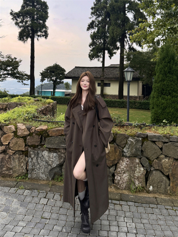 风衣外套女长款高个子韩系英伦风气质秋季新款翻领收腰双排扣大衣|undefined