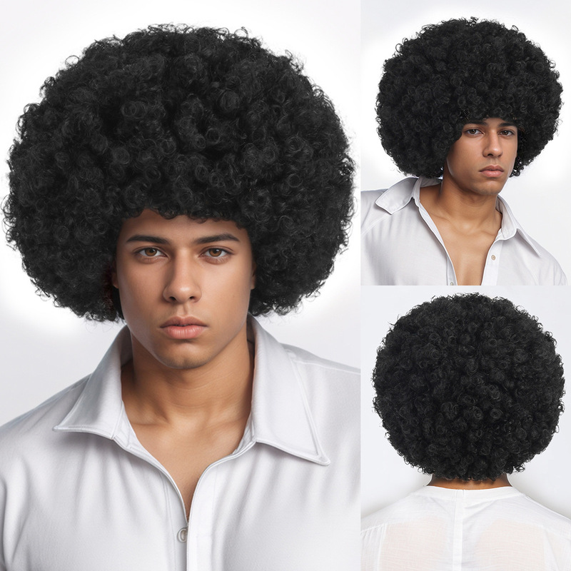 Black afrowigs Men's Short Roll Wig Full Head Cover Natural Black African Men's Wig Amazon Explosions