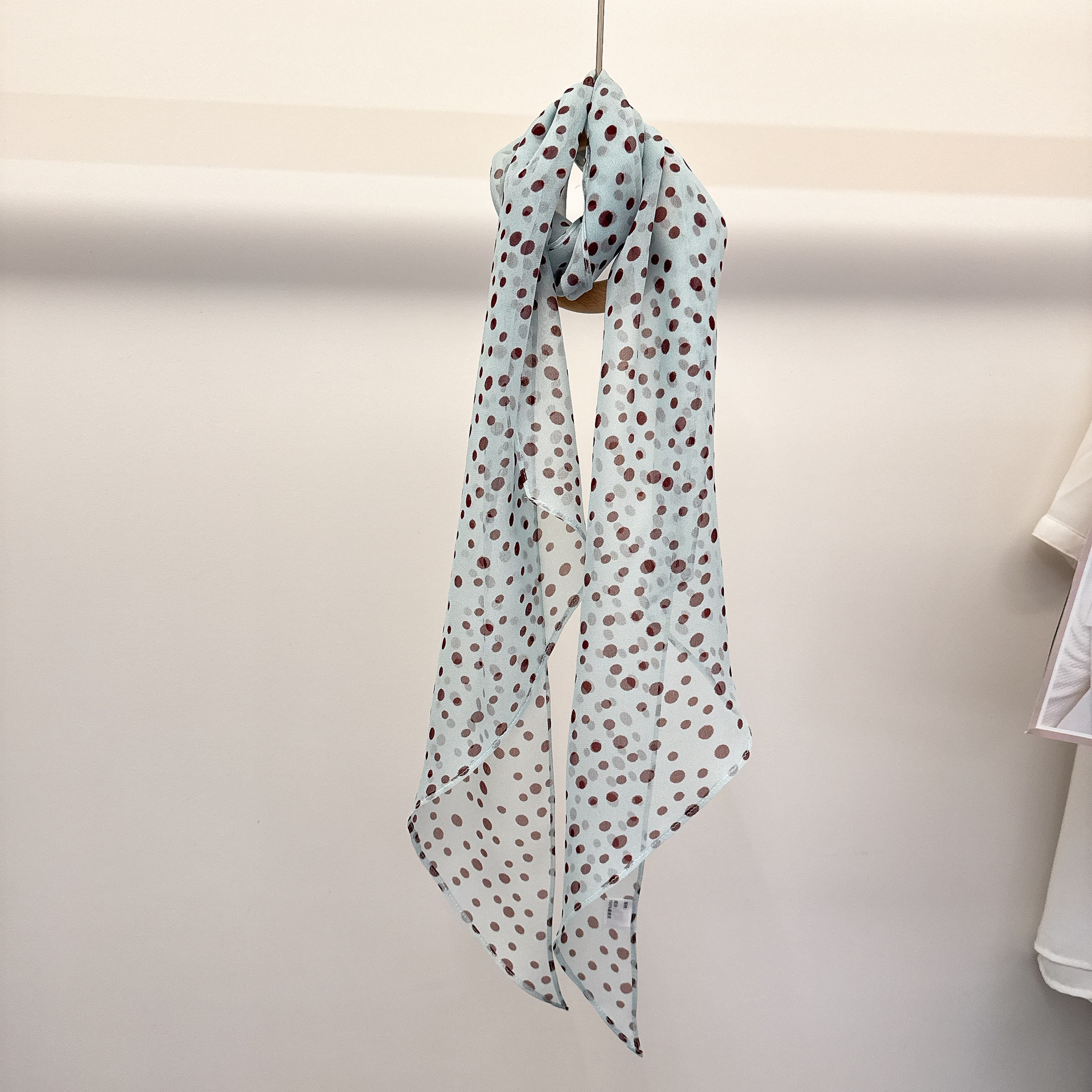 100% Mulberry Silk French Hepburn Style Black Polka Dot Long Skinny Scarf Women's Real Silk Diagonal Ribbon Thin Scarf - Thumbnail 2