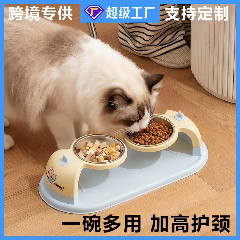Nuevo tazón para gatos, tazón para perros, tazón para mascotas de acero inoxidable, doble tazón para cuello suspendido, tazón elevado, tazón antideslizante, anti-derribado, tazón para mascotas al por mayor
