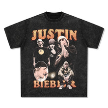 贾斯汀比伯Justin Bieber印花嘻哈街头长袖短袖T恤复古水洗做旧