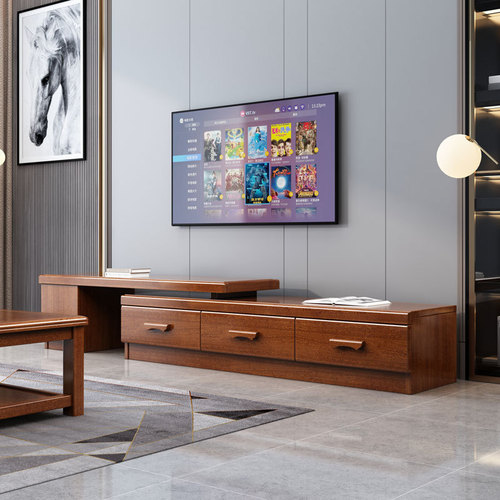 Walnut TV cabinet coffee table combination living room wall storage video cabinet modern Chinese solid wood retractable floor cabinet