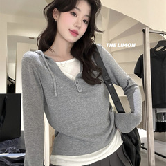thelimon柠檬绿茶2025秋季新款设计感假两件连帽长袖针织衫女上衣