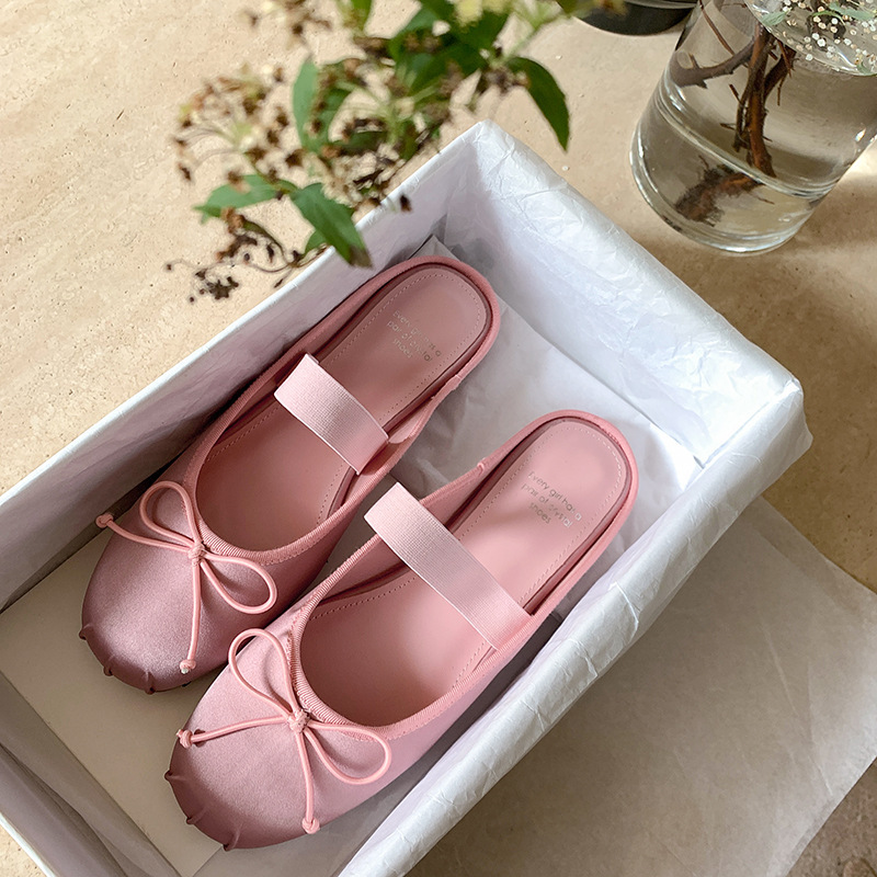 2025 New French Retro Satin Mary Jane Flat Mules Half Slippers Bow Ballet Shoes