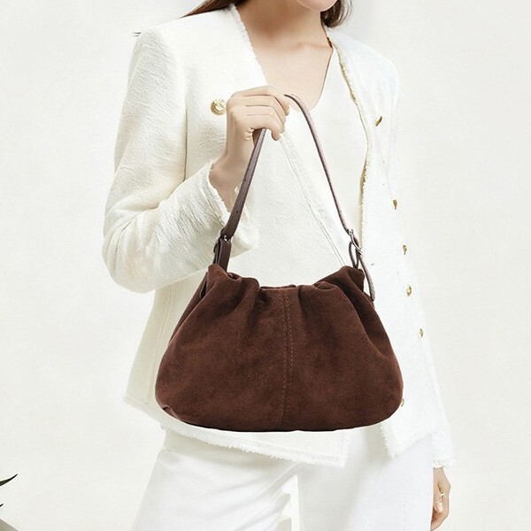 Korean Retro Brown Suede Women's Bag New Fashion Pleated Cloud Handbag Suede Shoulder Crossbody Bag