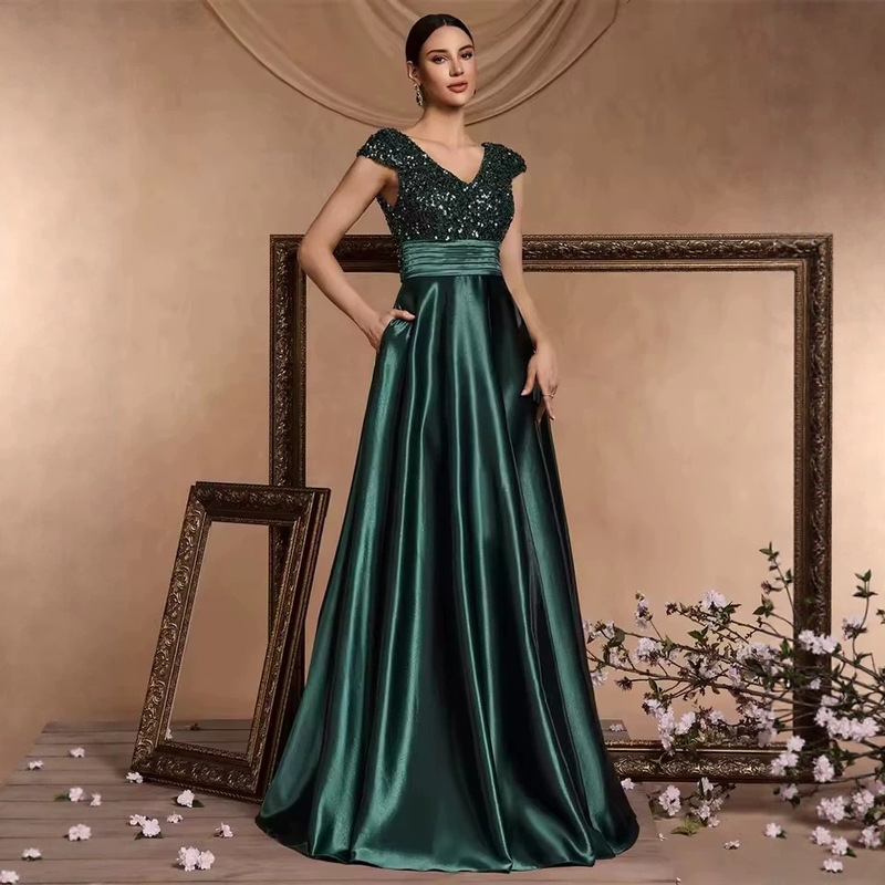 Elegant V-neck sequin evening dress for cross-border sales, long luxurious satin sleeveless party ball cocktail dress for women Elegant V-neck sequin evening dress for cross-border sales, long luxurious satin sleeveless party ball cocktail dress for women