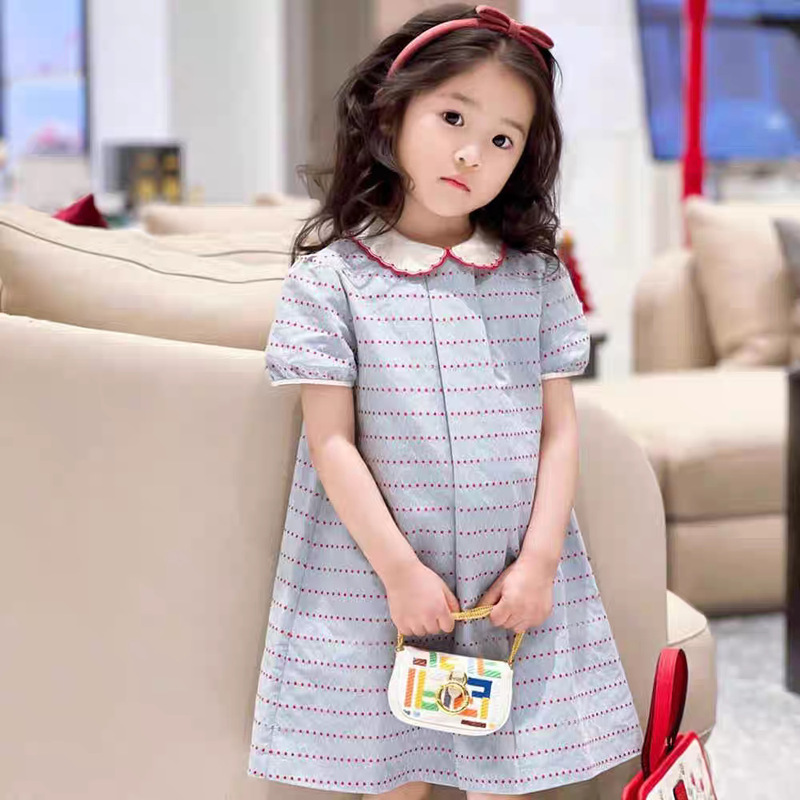 Girls' Italian Polka Dot Curve Print Lapel Light Blue Short-Sleeved Dress Summer Preppy Style Short Skirt Children's Clothing