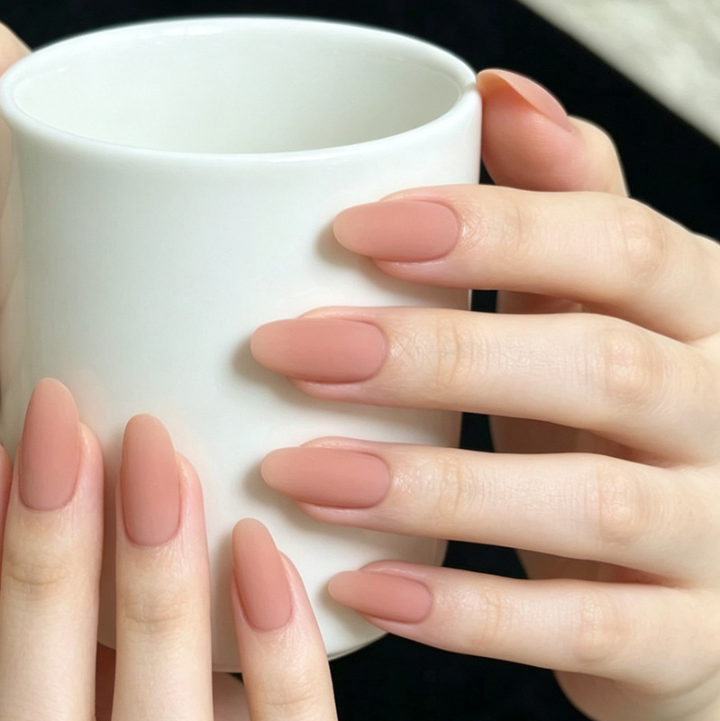Matte Frosted Blush Peach Nude Color Short Oval Wearable Nail Tips Finished Fake Nails Removable Hot-Selling Item