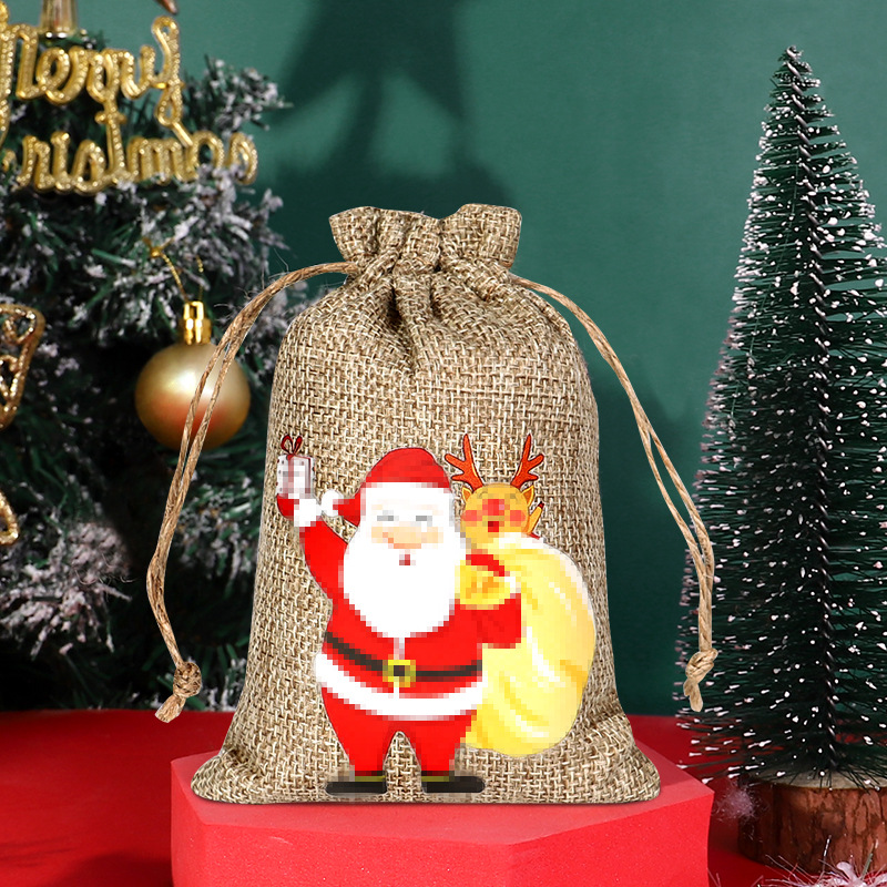 Transfronteriza nueva bolsa de lino de Navidad al por mayor bolsa de embalaje de caramelo con cordón decoraciones de Navidad bolsa de almacenamiento con cordón