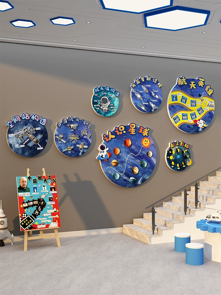 Детский сад, экологические инновации, материалы, наука и техника, тема, культурное настенное покрытие, украшение, аэрокосмическая планировка классной комнаты, доска, газета, сцена
