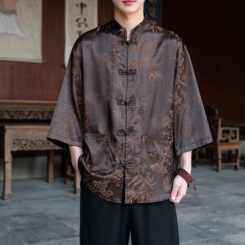 Tang Suit Men's Hanfu Shirt with Button-Down Design, Chinese Style Shirt, Breathable Fabric, Short-Sleeved Chinese Style Men's Clothing