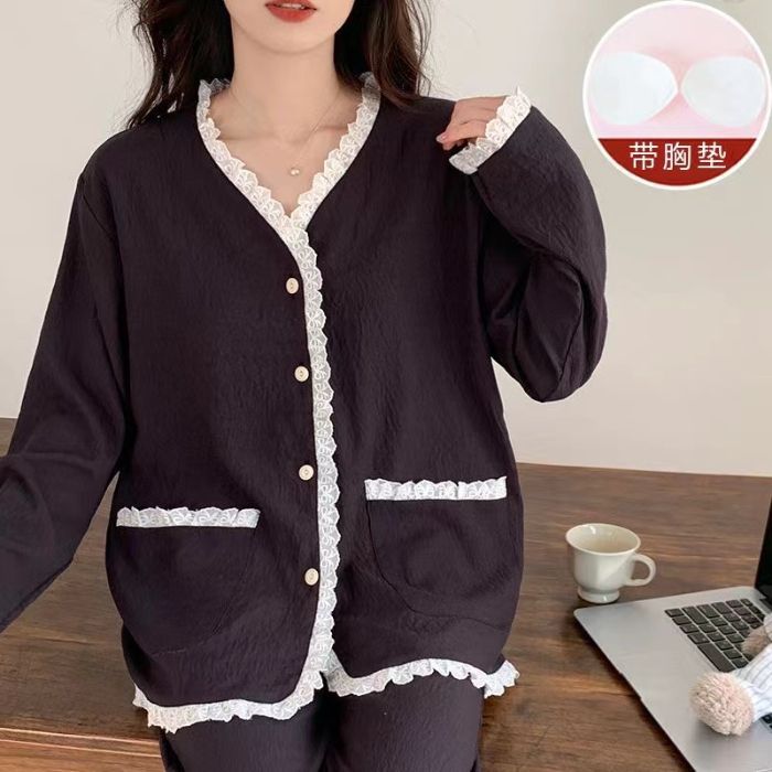 Venta al por mayor transfronteriza con almohadilla para el pecho Nubes de algodón Pijamas de primavera y otoño Pantalones de manga larga para mujer Nuevo estilo Cárdigan de encaje dulce Servicio a domicilio