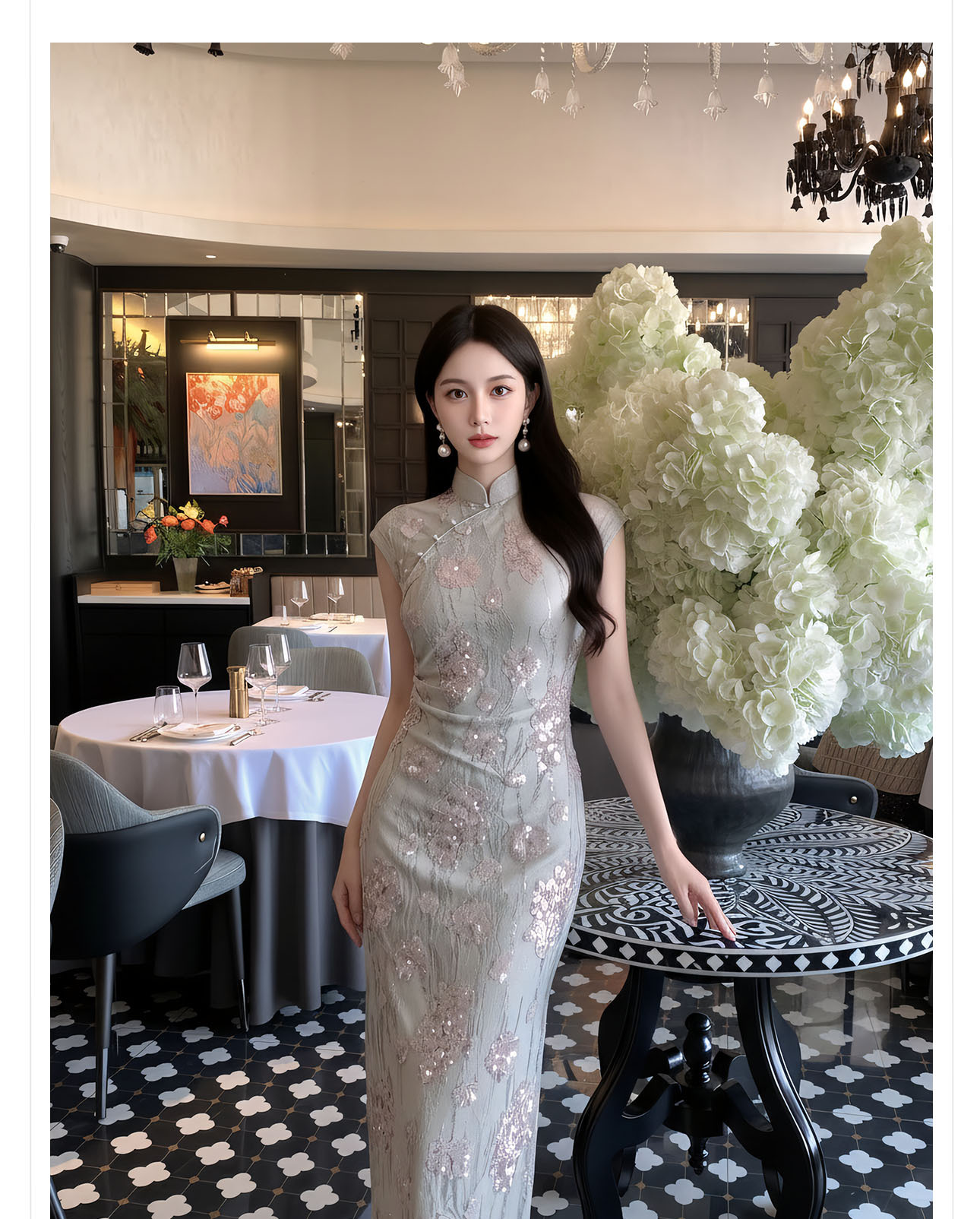 Đầm maxi thắt eo phong cách Tân Trung Hoa ren hoa nổi tay lỡ — Xám gạo chi tiết 7