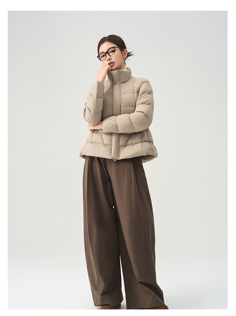 Down Jacket For Women With Stand Collar And Waist Cinch White_voghion.com