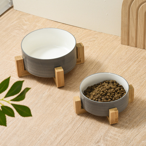 Ceramic cat bowl, dog food bowl, anti-knock wooden frame, special cat bowl for kittens, double bowl, drinking water feeding bowl, pet bowl supplies