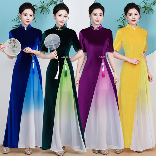 Women girls Blue Dark Green velvet Qipao catwalk cheongsam wedding party dignified and elegant miss etiquette host singer choir stage performance dress