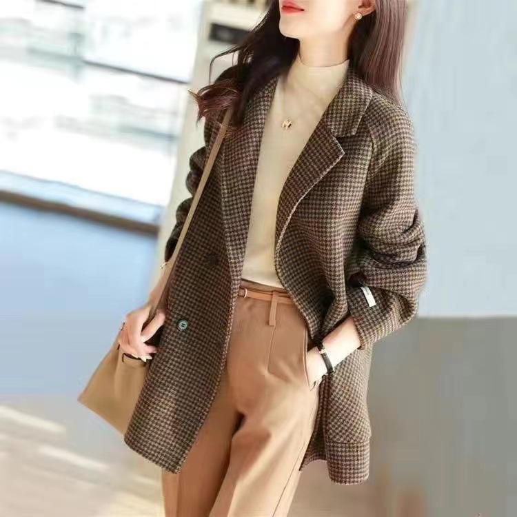 2024 original Italian women's clothing remaining single clearance export European suit collar plaid woolen coat coat