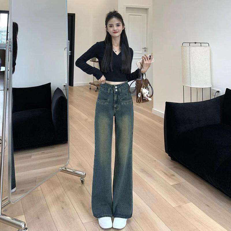 春秋款直筒裤女复古时尚宽松舒适休闲牛仔裤子高腰显瘦设计感长裤|undefined