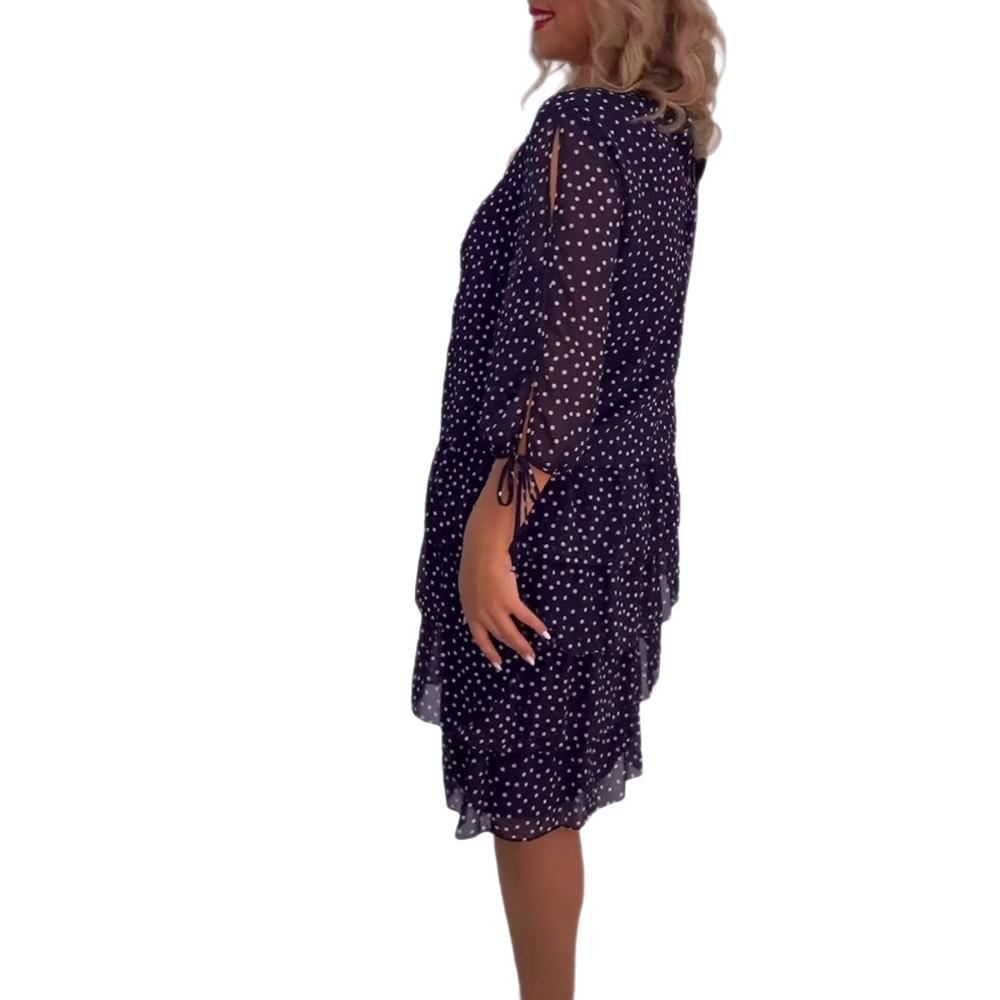 Women's Clothing Elegant Polka Dot Chiffon Midi Dress For Women Round Neck Three Quarter Sleeve Tie Waist Fashionable Cake Style_voghion.com