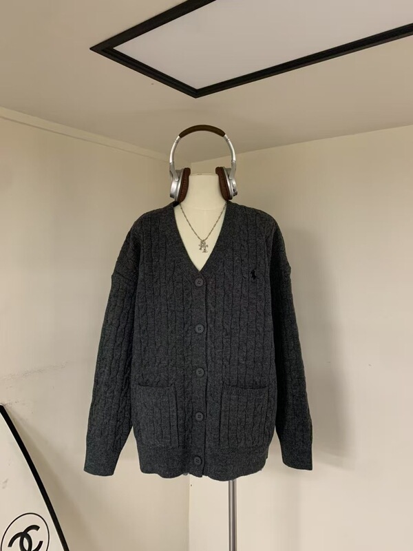 高品质RL拉夫绞花毛衣开衫经典休闲V领小马刺绣宽松百搭针织上衣|undefined