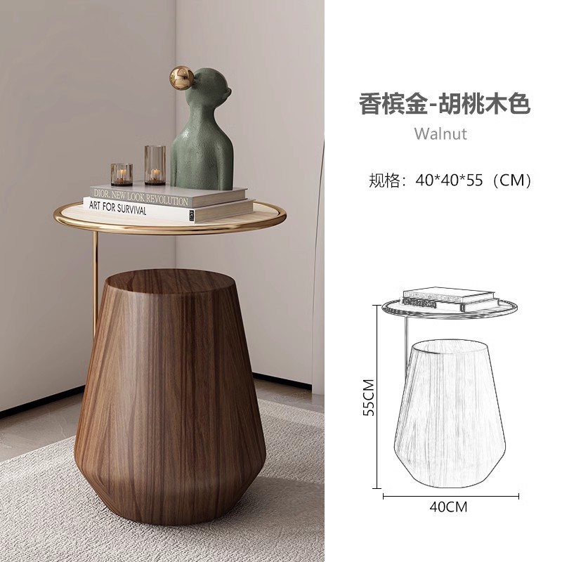 Mesa lateral de losa de roca de lujo ligero, sofá de sala de estar, esquina móvil redonda minimalista, diseño de cabecera, mesa de centro pequeña de nogal