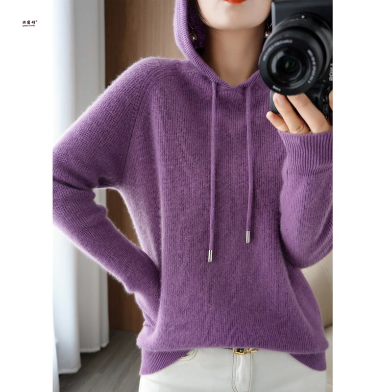 Wool Blend 2026 Spring New Women's Fashion Korean Style Loose Hooded Sweatshirt Solid Color Knitted Pullover Hoodie Wool Blend 2026 Spring New Women's Fashion Korean Style Loose Hooded Sweatshirt Solid Color Knitted Pullover Hoodie