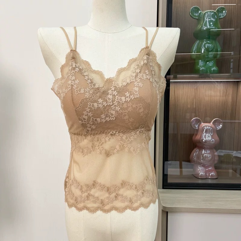 Camisola de espalda de belleza de encaje francés para mujer con almohadilla para el pecho con doble correa interior y exterior sexy camisola larga para mujer