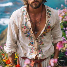 跨境欧码民族风复古休闲男士上衣开领绣花衬衫图片色现货整单棉