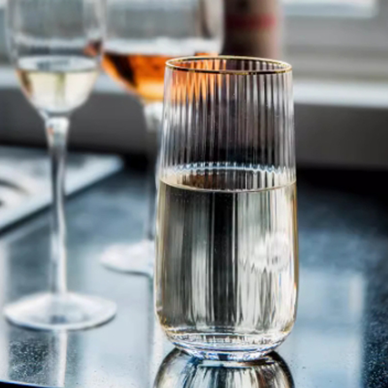 Glass cup beverage cup ins style tea cup water cup coffee cup household high temperature resistant gold edge vertical stripe beverage cup