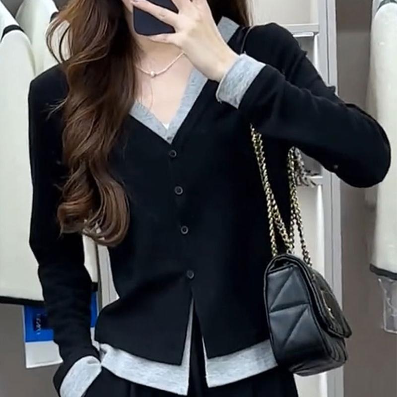 假两件拼接长袖针织衫女恤春秋新款小个子修身显瘦正肩打底上衣|undefined