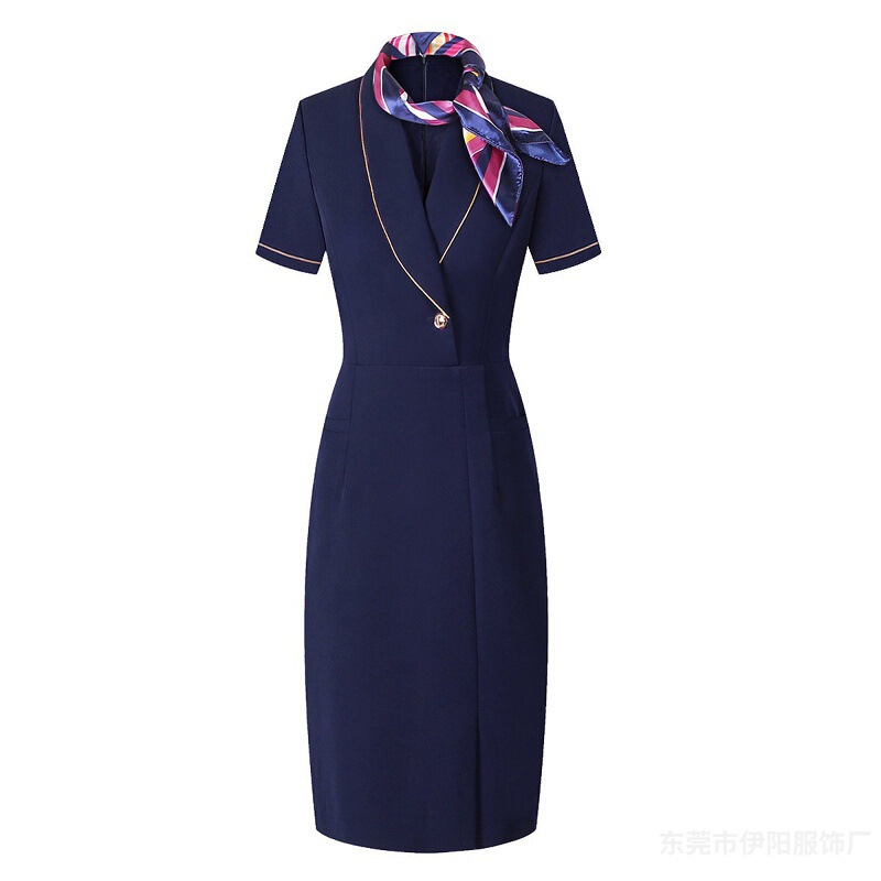 Beautician Work Clothes, Women's Professional Dress, Summer New Short-Sleeved Stewardess Uniform, V-Neck Suit Skirt, Formal Wear