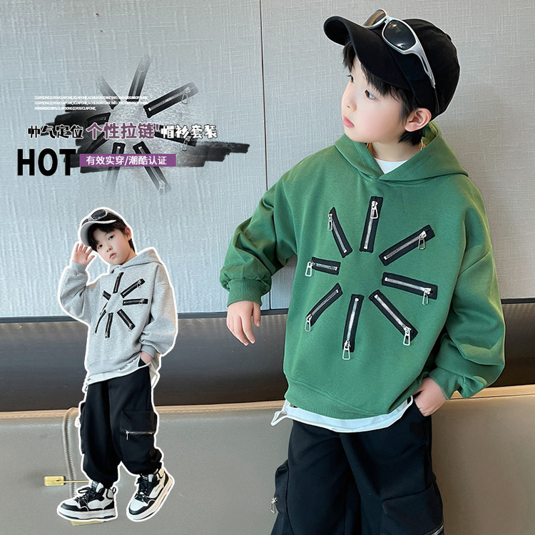 7087 ropa para niños traje de primavera para niños 2025 nuevo suéter con capucha para niños guapos primavera y otoño de dos piezas primavera