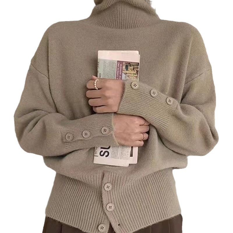 【 Famiglia Cashmere 】 Maglione corto alto in lana, strato interno lavorato a maglia con collo in pelo spesso e largo da donna_voghion.com