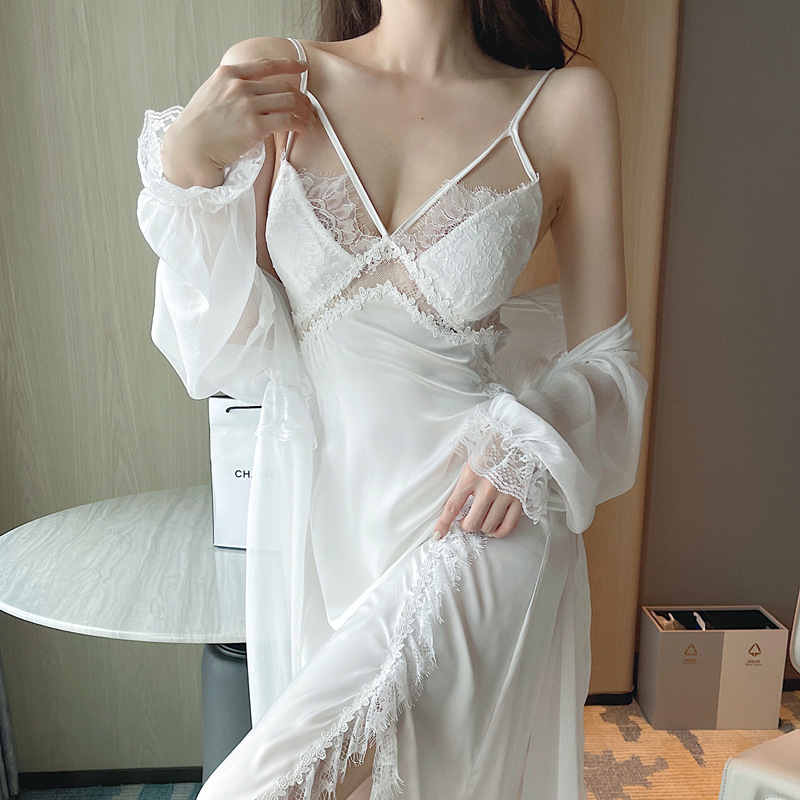 Ladies' Spring Sleep Dress with Bralette, Long Sleeve, Lace Edge, V-Neck, Chilled Silk, Fitted Slimming, Extra Long Sleep Dress for Women, Thin