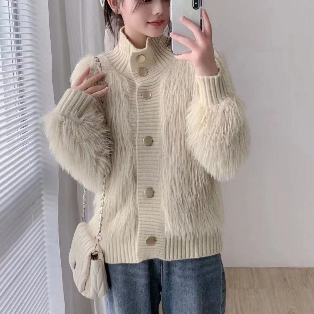 El otoño y el invierno nuevo estilo de imitación de visón de terciopelo collar de pie cardigan exterior de las mujeres de alto grado de temperamento flojo todo fósforo de punto abrigo de moda