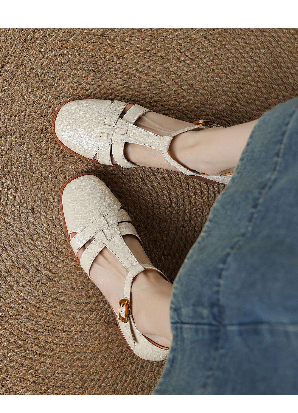 Sandal nữ quai ngang da cừu kiểu La Mã đế dày khoét lỗ dệt — Màu trắng nhạt chi tiết 11