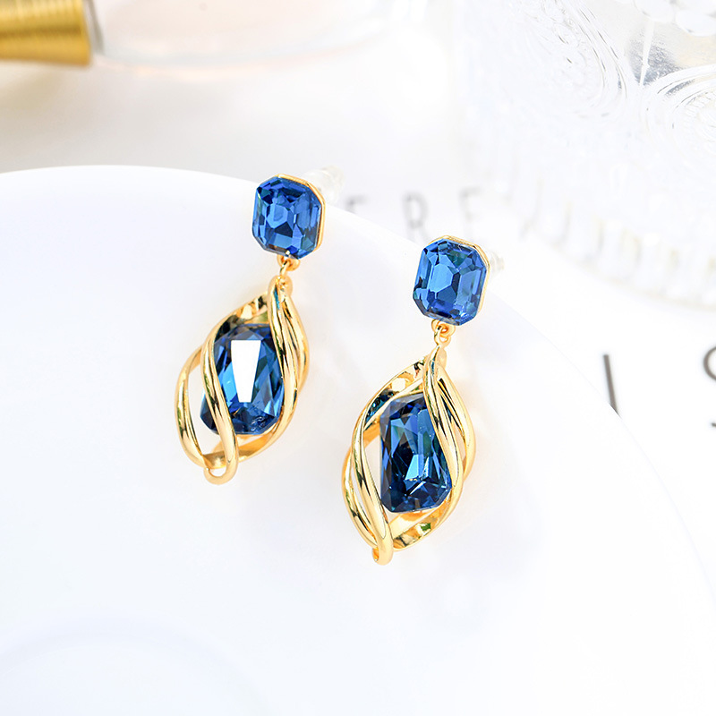 Wholesale Simple Blue Crystal Gem Tassel Copper Earrings display picture 2