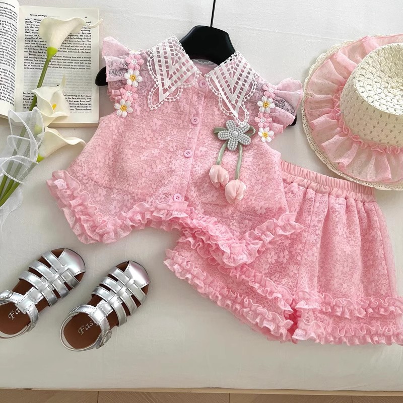 2025 New Girls Lace Suit Summer Baby Girl Fashionable Doll Shirt Shorts Two-Piece Set